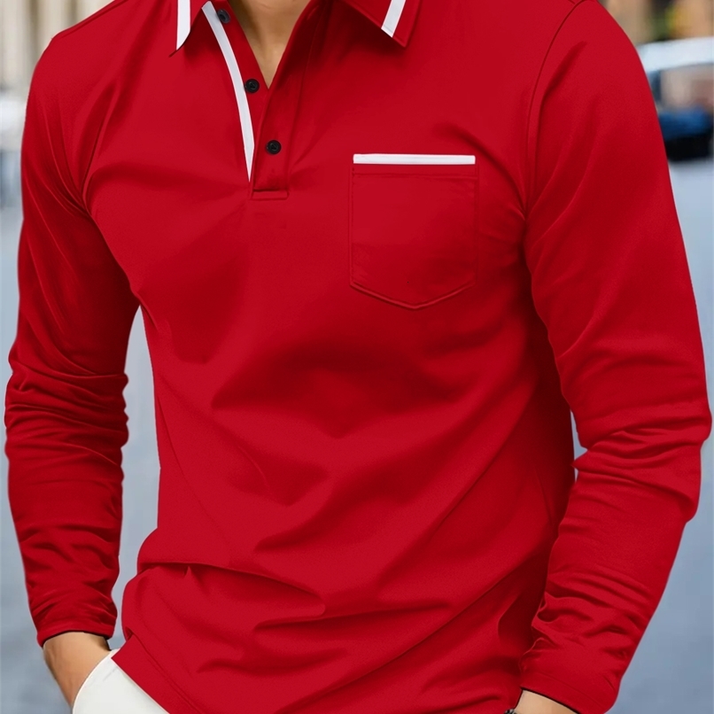 Spring and fall selling fashion golf mens lapel pocket comfortable casual sports solid color long sleeve breathable top250918