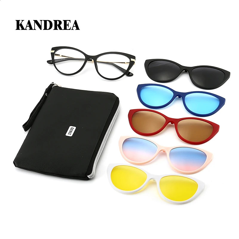 KANDREA Cateye 6 in 1 Clip on Polarized Sunglasse Eyeglasses Optical Magnetic Prescription Glasses 2353d 250918
