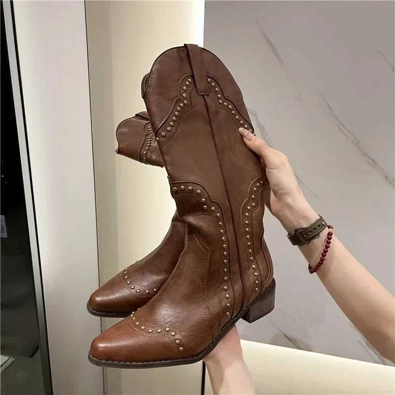 Comemore Retro Rivet Long Boots Women Low Heel Cowboy Western Pu Leather Knee High Gothic New Ladies Shoes Vintage Brown Botas W250919