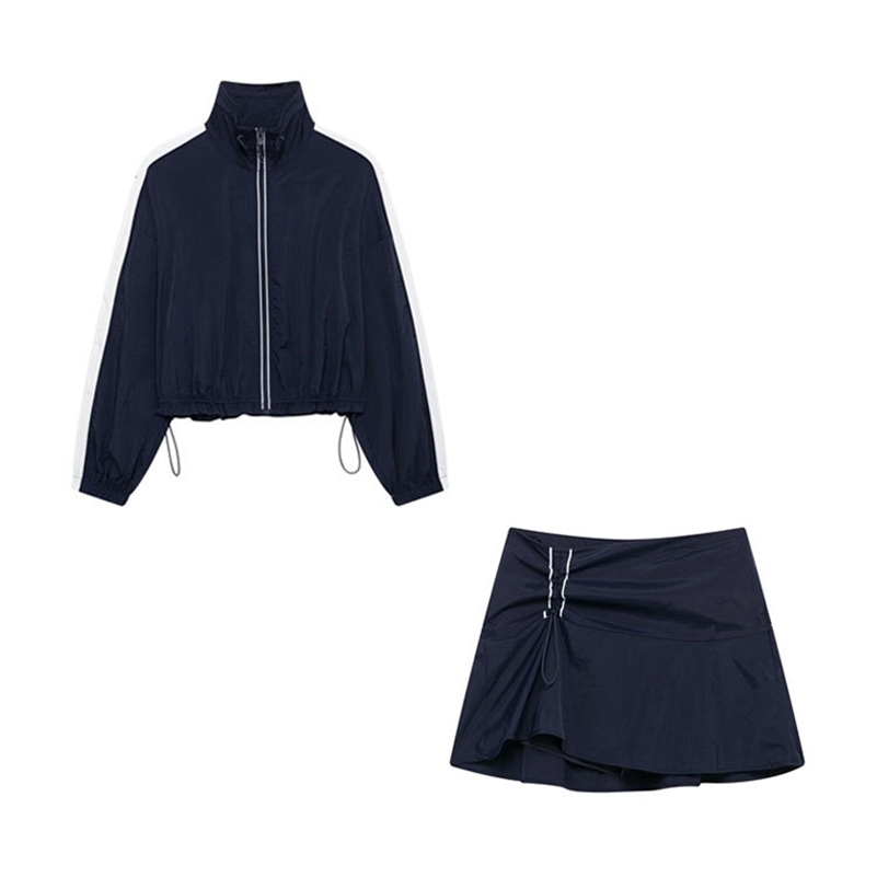 Trza Women Fashion avec rayures latérales manteau veste recadrée et taille haute avec cordon élastique skort femelle en deux pièces 250918