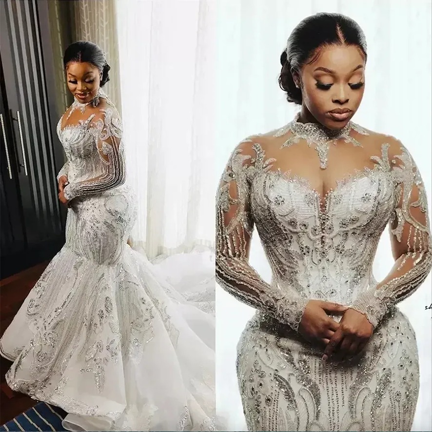 2025 Long Sleeves Mermaid Wedding Dresses Bridal Gown Sequins Lace Applique High Neck Sweep Train Custom Made Vestidos de novia Plus Size Beach 0