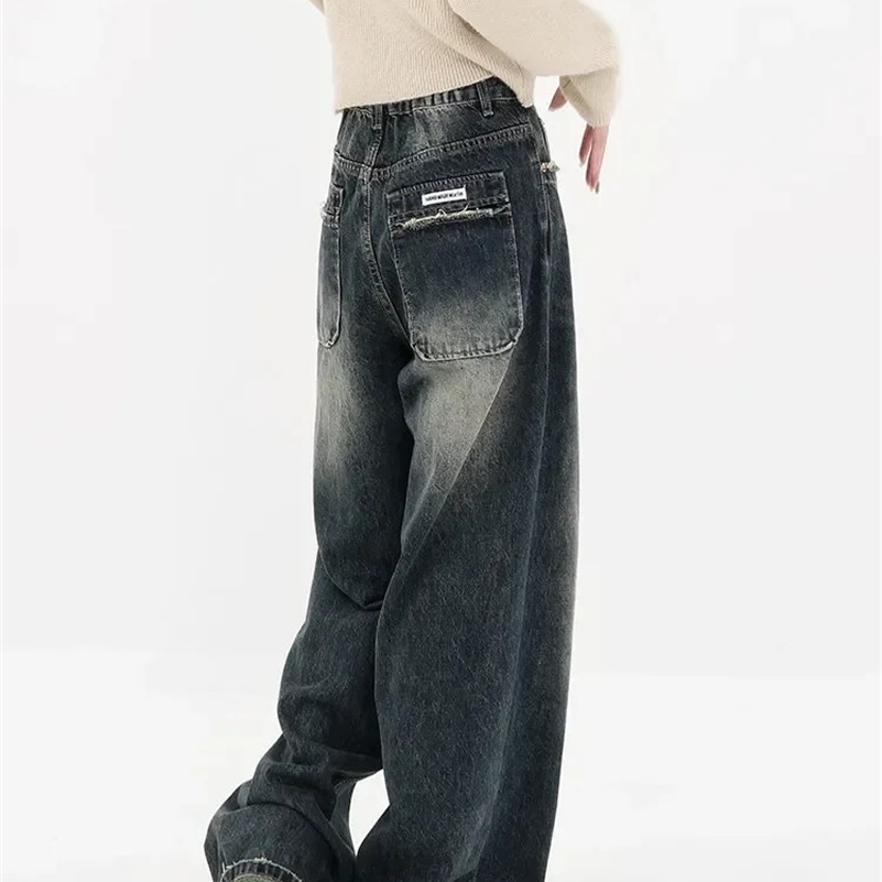 Harajuku Streetwear Retro Fashion Autumn Women High Waist Jeans Loose Wide Leg Straight Loose Denim Trousers Y2K Baggy Pants 250918