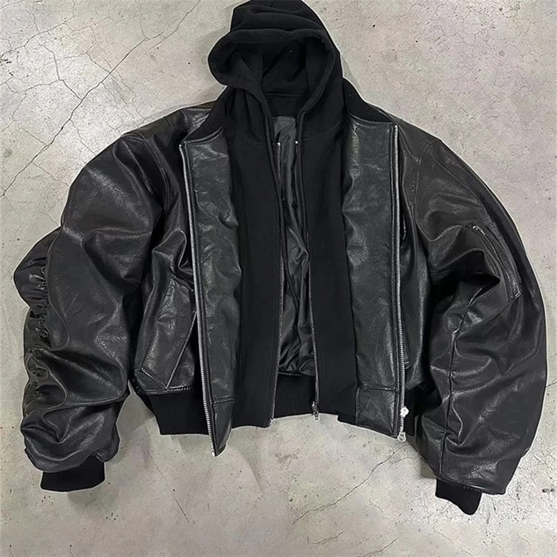 Mauroicardi Autumn Winter Oversized Cool Black Thickened Warm Pu Leather Bomber Jacket Men Hood er Fake 2 Clothes250918ww