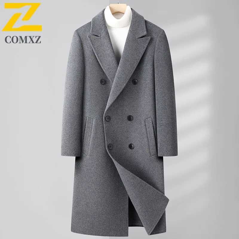 COMXZ 2025 Men Long Double Breasted Wool Coat Down Inner Layer Reversible Cashmere Overcoat Knee Length Winter windbreaker X250919