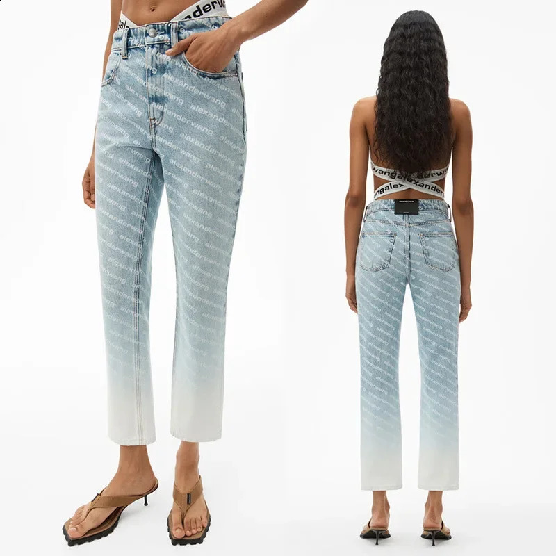 Fashionable Letter Printing Gradient Casual Jeans Aw Light Blue Straightleg Pants Autumn Arrival 250919