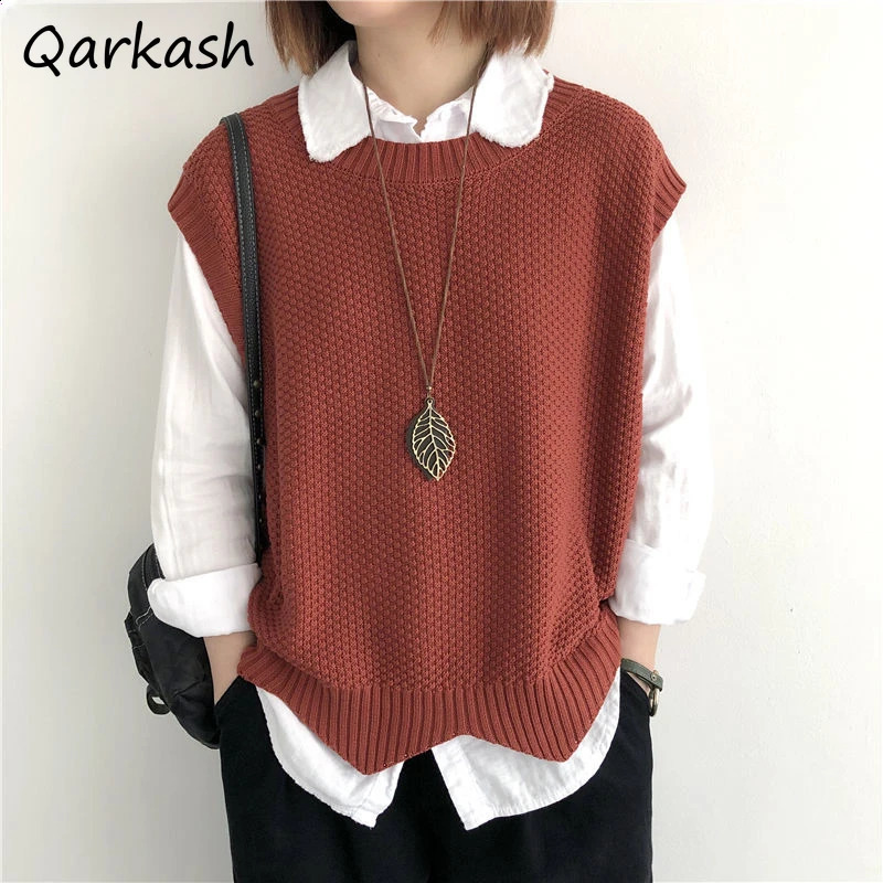 Knitted Vests Women Spring Autumn Solid Loose Oneck Irregular Hem Pullover Sweaters Outerwear Simple Office Lady Fashion 250918