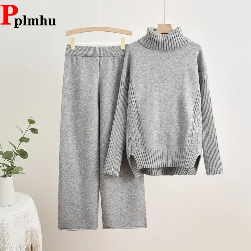 Women Turtleneck Knit Sweater Pullover Tops Conjuntos Casual Elastic Waist Sweatpants Outfit Fall Winter Knitted 2 Piece Sets 250919