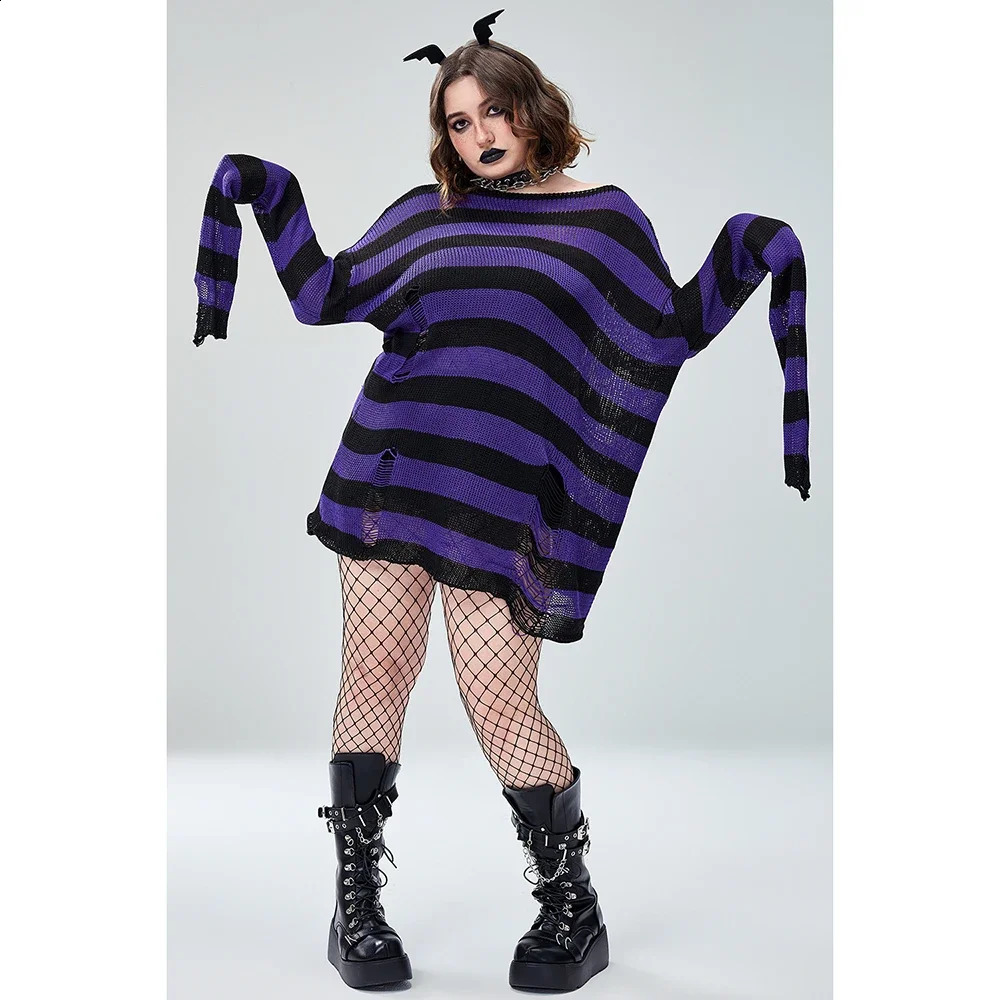 Plus Size Halloween Costume Red Gothic Crochet RoundNeck Long Sleeve Striped Sweater Fashion Mini Dress 250919 66