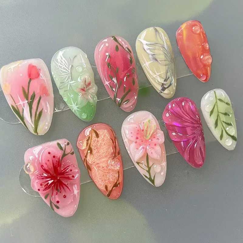 24PCS Glossy Pink Blush Gradient False Nails 3D Colorful Flower Sweet Designs French Fake Nails for Women Almond Press on Nails W250919