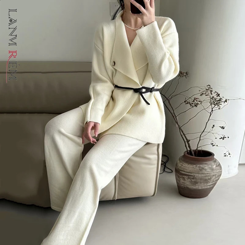LANMREM Autumn Womens Knitted Set Fashion HighEnd Lapel Loose Cardigan Sweater And Straight Pants TwoPiece Sets 2DB5086 250919