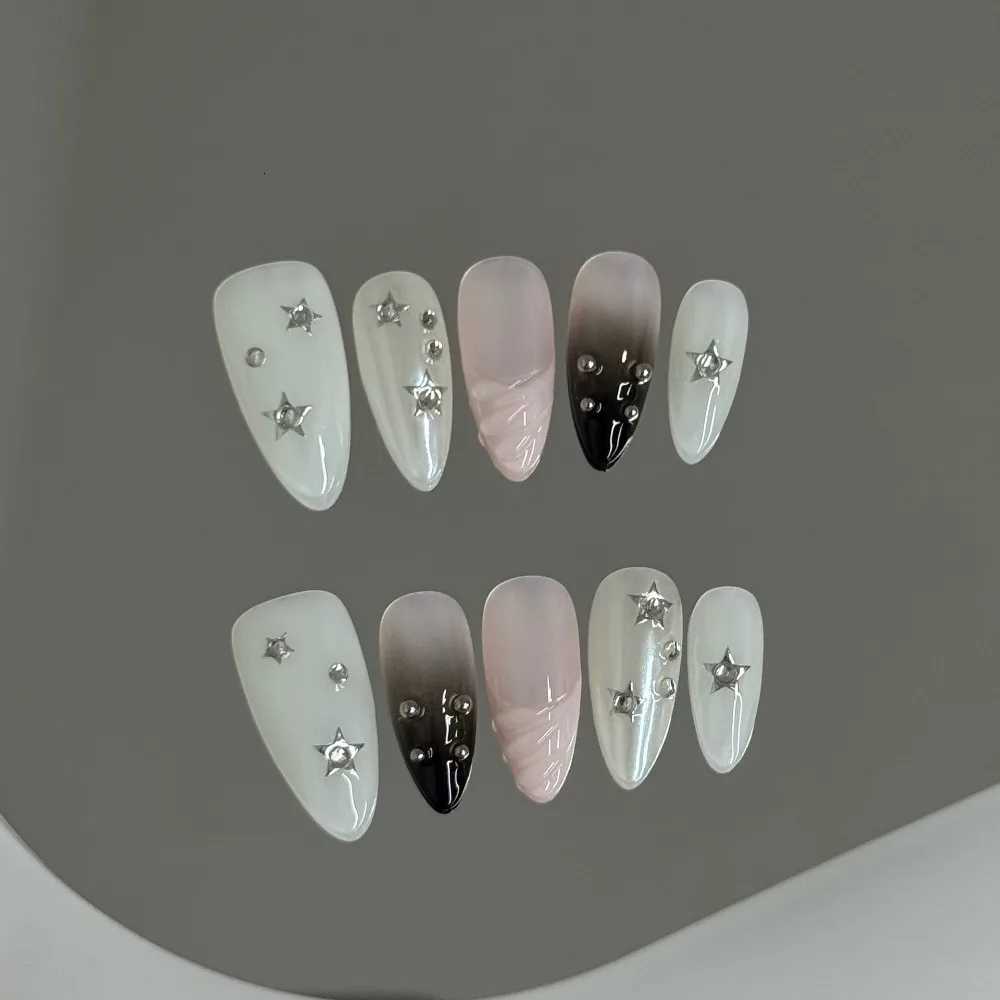 0pcs Handmade Korean Press on Nails Sweet Cool Star Pink White Fake Nail Tips Wearable Summer Night Sky Almond False Nails W250919