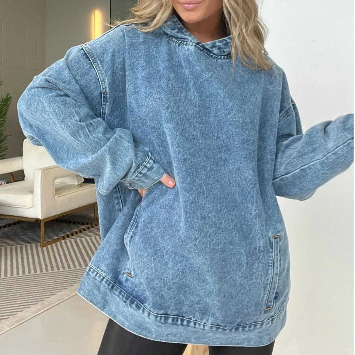 Denim Hoodie Women Sweatshirt Pullover Hooded Y2k Tops Distressed Washed Loose Spring Streetwear 2025 Work Tops Jeans Club 250919