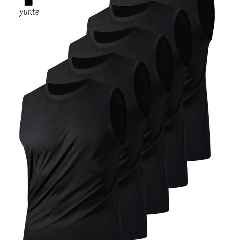 Mens Sports Vest Black 5Piece Breathable Round Neck Slightly Elastic Fabric Pure Color Suitable for Spring Summer and Autum R250919