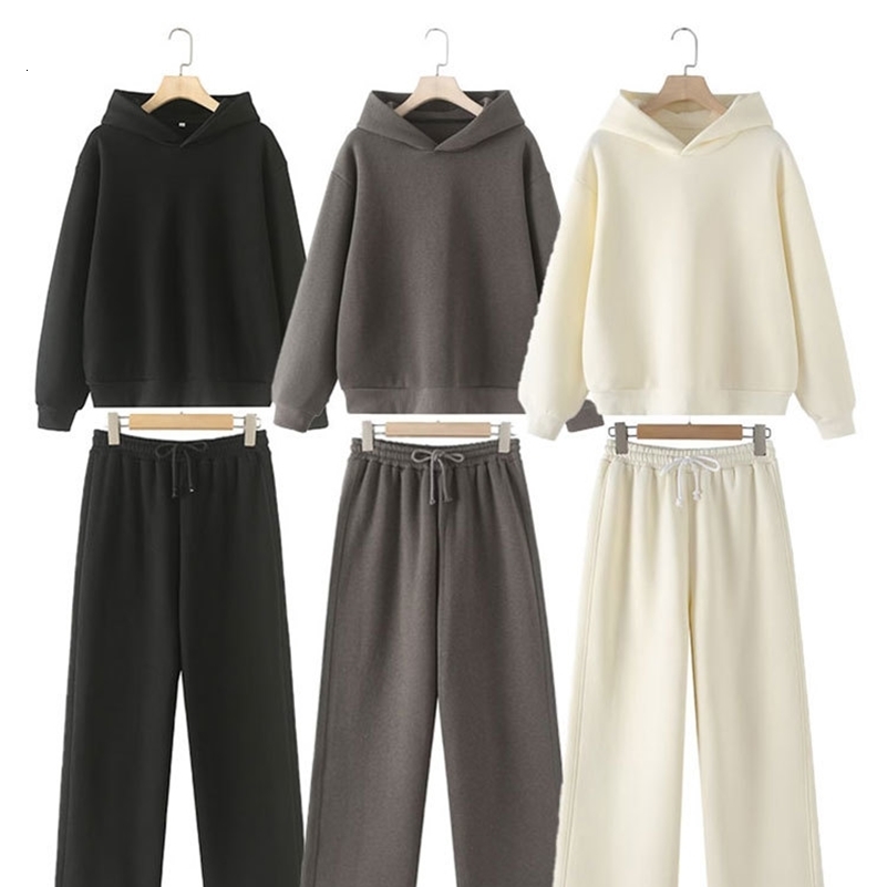 TRAFZA Autumn Woman Trouser Set Solid Hoodie Top Elastic Waist Chic LaceUp Commute Wild Basic Womens Wide Leg Long Pant 250918