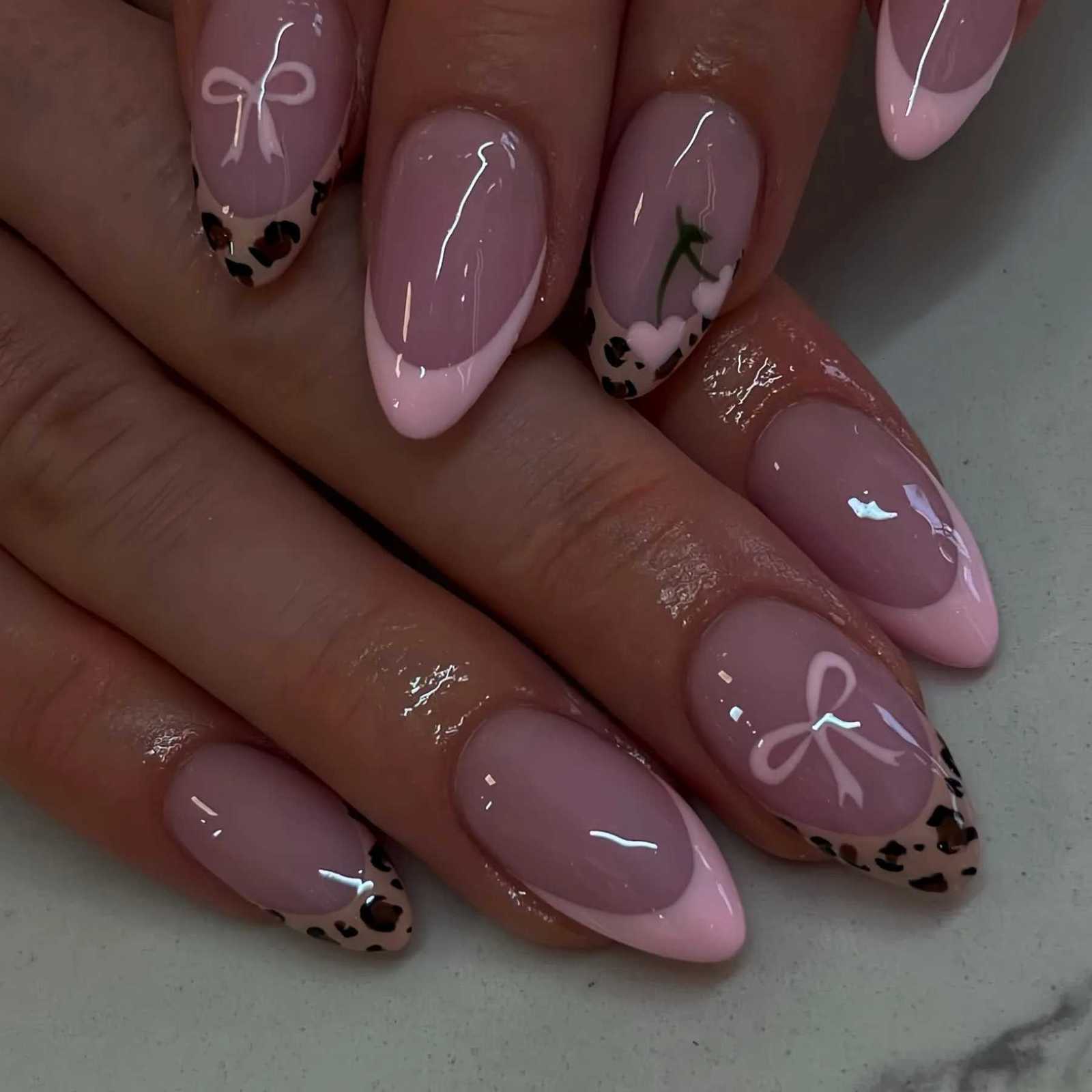 24pcs Pink Press on Nails Art Leopard Print French Long Almond Fake Nail Tips Finished Wearable Bow Cherry Design False Nail Set W250919