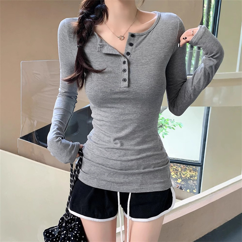 Women Fashion Slim Long Sleeve Shirts Button Solid Sexy Girl Pullover Tops Spring Fall Retro Simple Tshirt Casual Street Y2K 250919
