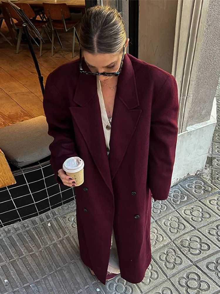 Long Suit Woolen Coat Burgundy Red Double Breasted Lapel Pockets Long Sleeves Womens Overcoat Winter Thicken Loose Outwear Top X250919