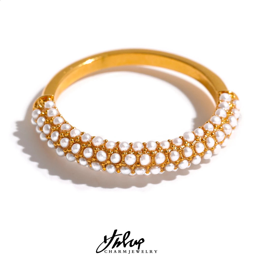 Yhpup Elegant Pearls Clear en acier inoxydable Chic Ring 18K plaque d'or imperméable mode tendance bijoux romantique Femmes 250919