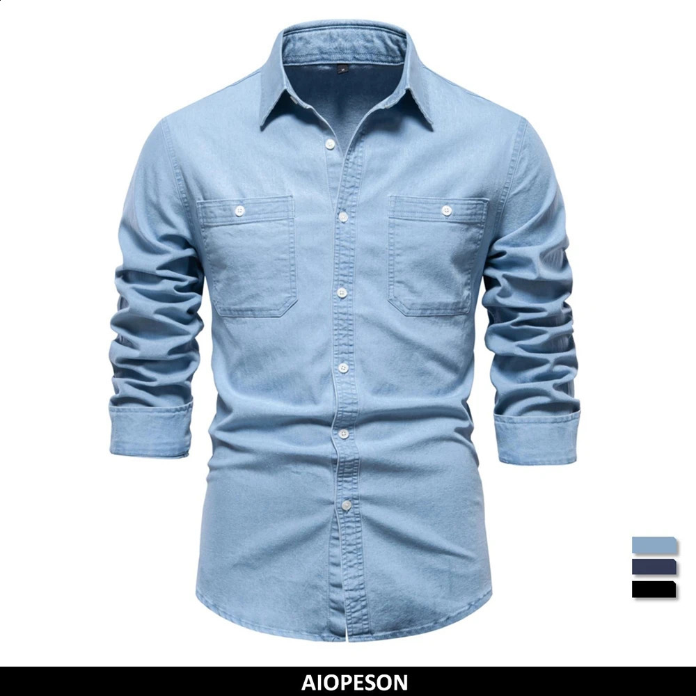 2023 Autumn Mens Denim Shirt Cotton Elastic Casual Social n Double Pockets Slim Jeans Shirts for Men 250919