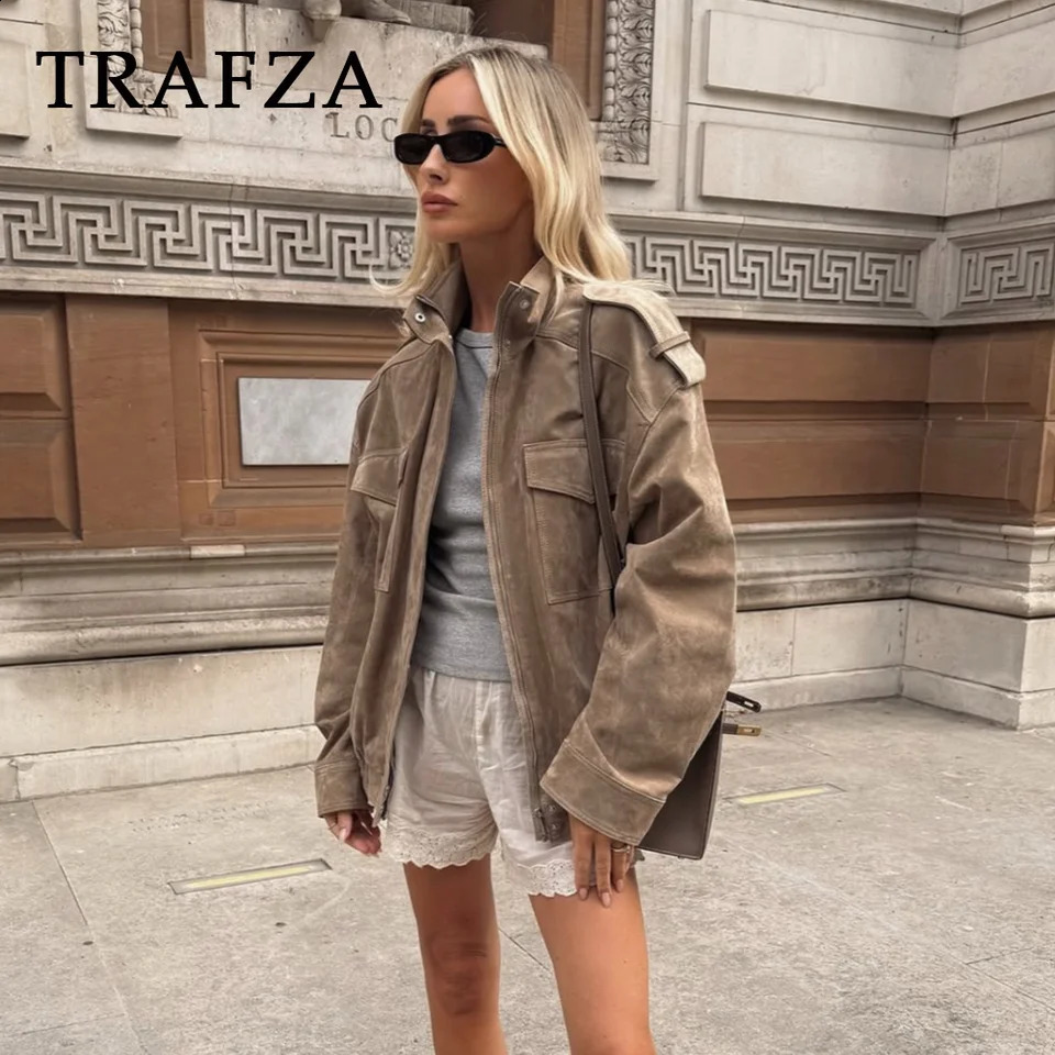 2025 Fall Winter Suede Streetwear Women Jackets Fashion Khaki Elegant Zip Up Turtleneck Ladies Solid Chic 250919