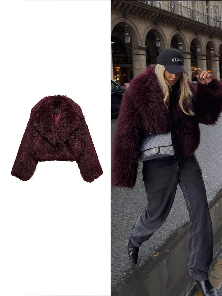 TRAF Womens Fashion Solid Color Thickened Faux Fur Coat Winter Warm Fluffy Long Sleeve Outerwear Elegant Loose Street Coat 250918