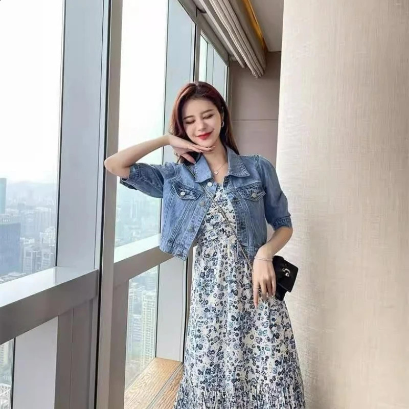 Vintage Crops Trendy Turn Down Collar Jackets Women Basic Solid Outwear Half Sleeve Denim Fit Harajuku Street Denim Jacket Women 250919