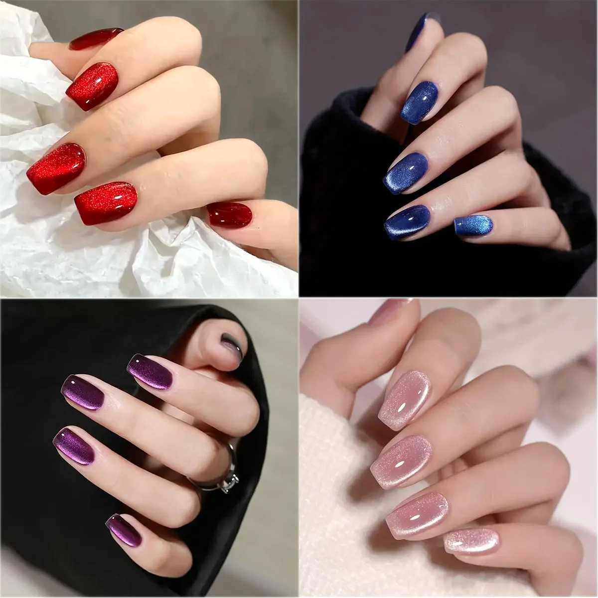 24pcs Cats Eye Press on Nails Wearing Square Head French Ballet Nail Art Tips for Women Removable False Nails with Jelly Glue W250919
