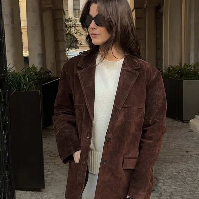 Vintage Brown Suede Jacket for Women Single Breasted Turndown Collar Blazer with Pocket Casual Office Outerwear Autumn 2025 250918