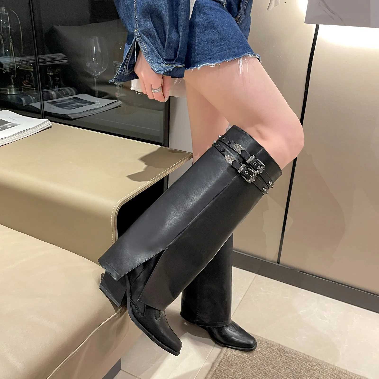 Autumn Cowboy Boots For Women Fashion Slip On Long Pipe Boots Female Square High Heel Trend Winter Footwear W250919