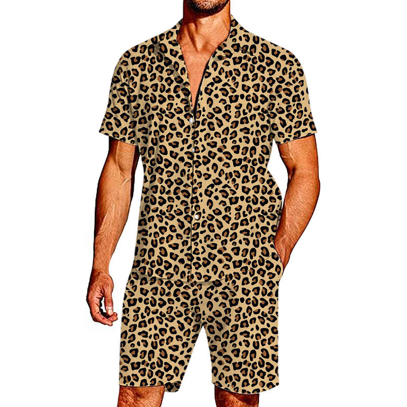 Léopard Imprimer Fashion Summer Mens Tracksuit Clom à manches courtes Collets de chemises Vêtements 2 pièces Costumes Costumes Strotwear Costumes
