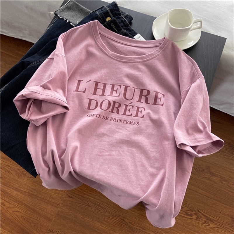 Pink Short Sleeve Tshirt Womens Loose Casual Round Neck Letter Print Thin Top 250918