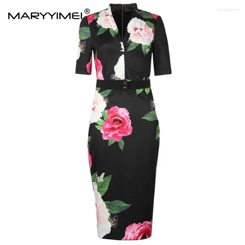 Robes décontractées Maryyimei Fashion Designer Summer Women's Robe en V-Col à manches à manches à manches florales à manches à manches à manches