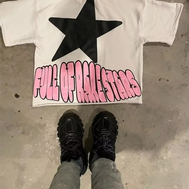 High Street Goth Pink Star Printed Tshirt clothing y2k top oversized graphic Harajuku short sleeve men wear yy250918