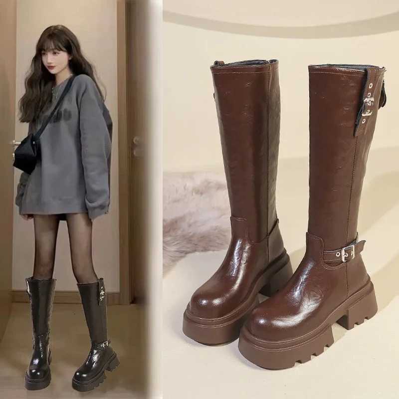 Boots de combat de plate-forme femelle zip chuny talon boucle vintage mode décontracté designer de luxe occidental bottes de mollet de veau chaus