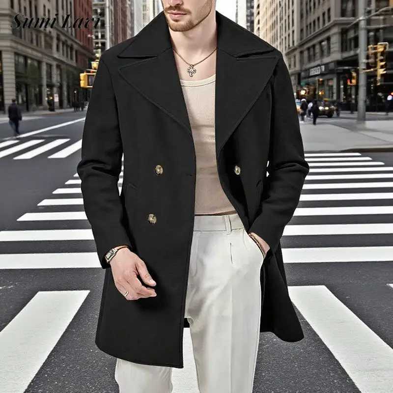 Stylish Mens Doublebreasted Long Cardigans Autumn Woolen Outerwear Men Vintage Solid Color Turndown Collar Woolen Coat Jacket X250919