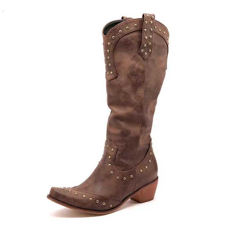 Botas de tacón altas de vaquero reto Western con remaches cuadrados de la cabeza cuadrada longitud de tobillo faionable PU para jóvenes y middl w250