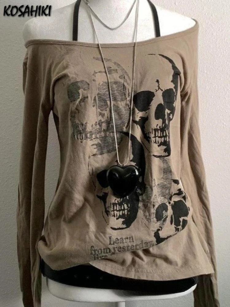 Spring Fairy Grunge Off Shoulder Punk Tops Harajuku Skull Printing Vintage Tshirt Women Y2k Aesthetics Bodycon Casual Shirt 250918