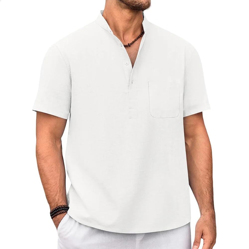 Tshirt en lin en coton pour hommes Henley Necy Contrus Cound Couleur Tees Garde à manches courtes Légâtres Soufflement de style Vacation de la pl