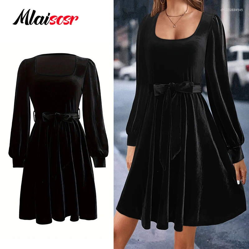 Robes décontractées Mlaissr, élégante mini-robe en velours noir avec collier carré, manches longues et jupe courte pour l'anniversaire
