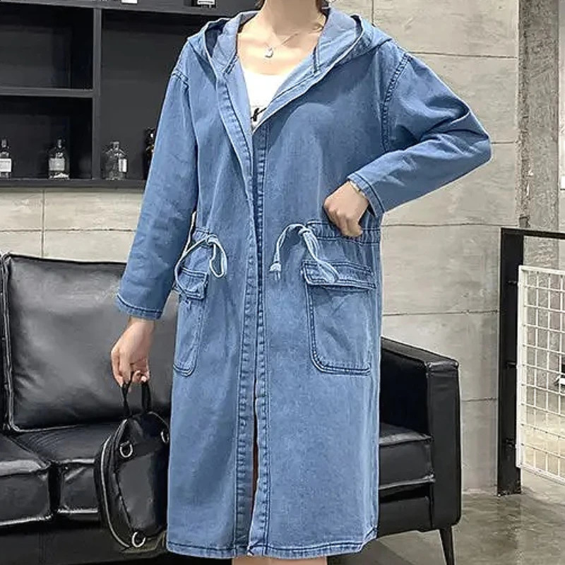 Y2k Denim Windbreaker Coat Women Hooded Long Jacket Outerwear Single Breasted Drawstring Washed Streetwear Overcoat 2025 Autumn 250919