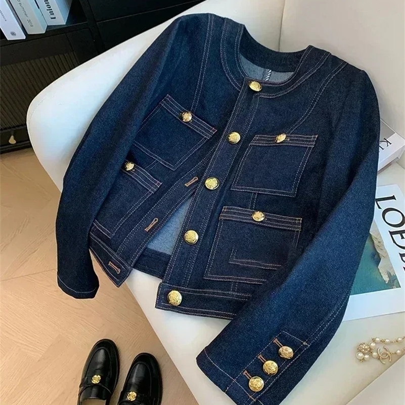Blue Denim Top Women Autumn Classic Style Short Coat Korean Fashion Chic Pockets ONeck Female Loose Jackets 250918