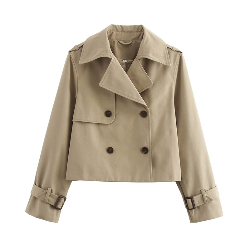 YENKYE Autumn Women Solid Cropped Trench Coat Vintage Double Breasted Long Sleeve Short Jacket Lapel Collar Windbreaker 250918