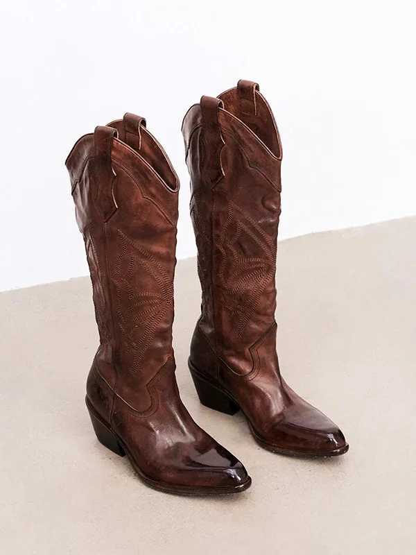 HighTop Western Boots Embroidered Genuine Leather Cowboy Boots Pointed Toe Denim Boots MidCalf Boots Spring Summer New Sle W250919