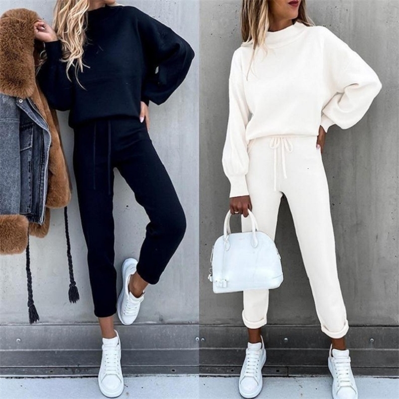 2025 Autumn and Winter Womens Sweater High Collar Casual Pure Color Trousers Twopiece Set 250918