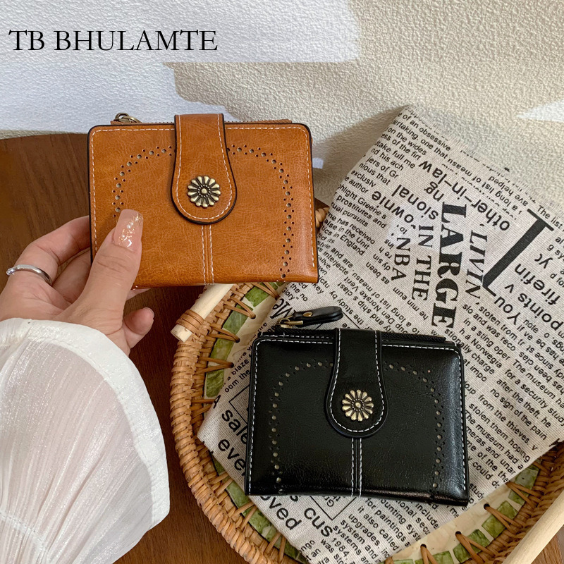 TB BHULAMTE Free Shipping Hot-selling Women's New Oil Leather Wallet Retro Short Zipper Coin Designer Purse Hollow Multi-functional Luxury Wall