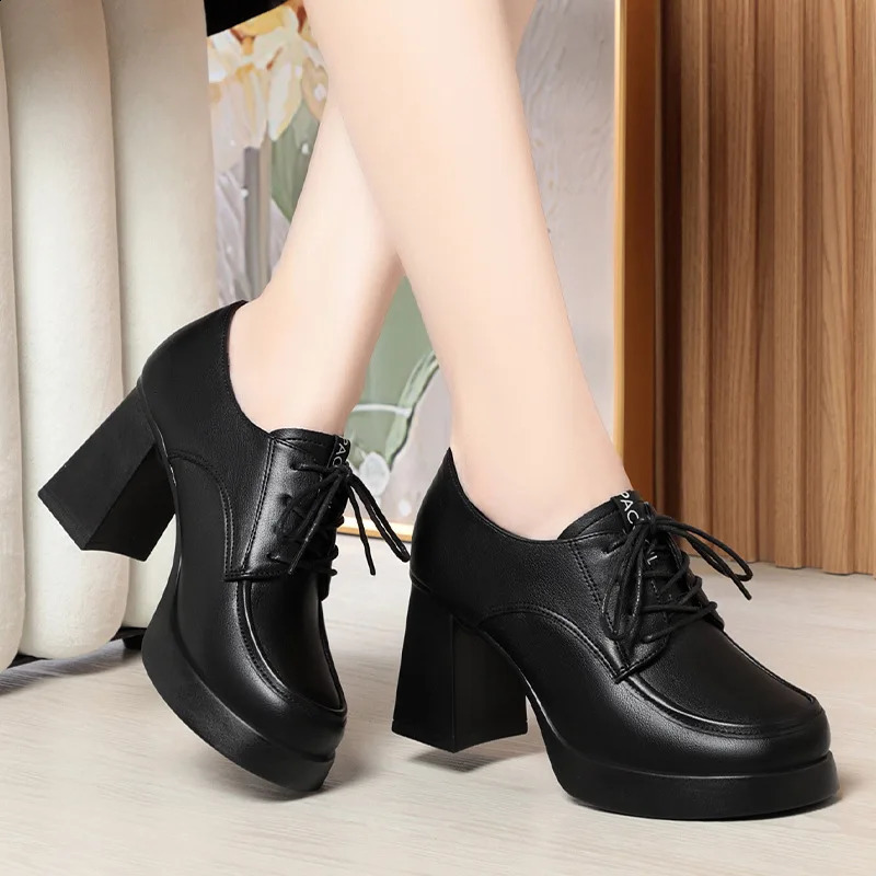 Classic Soft Deep Mouth Women Pumps Shoes Genuine Leather Round head Lace Up Fashion Thick High Heel Shallow Solid Casual Female 250918