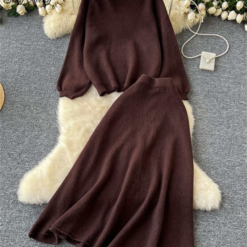 SINGREINY Autumn Casual Two Pieces Sets Women ONeck Loose Knitting TopElastic Waist Large Swing Skirt Basic Korean Winter Sets 250918