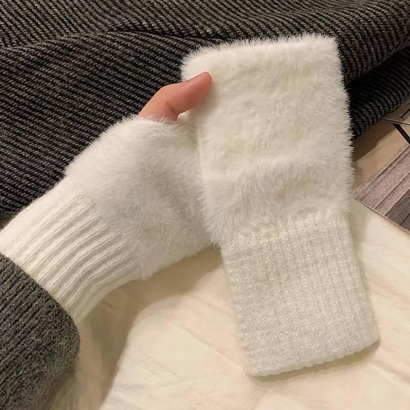 Autumn Winter Soft Mink Fleece Half Finger Women Plush Knitted Fingerless Wrist Mittens Driving Writting Gloves ddmythur