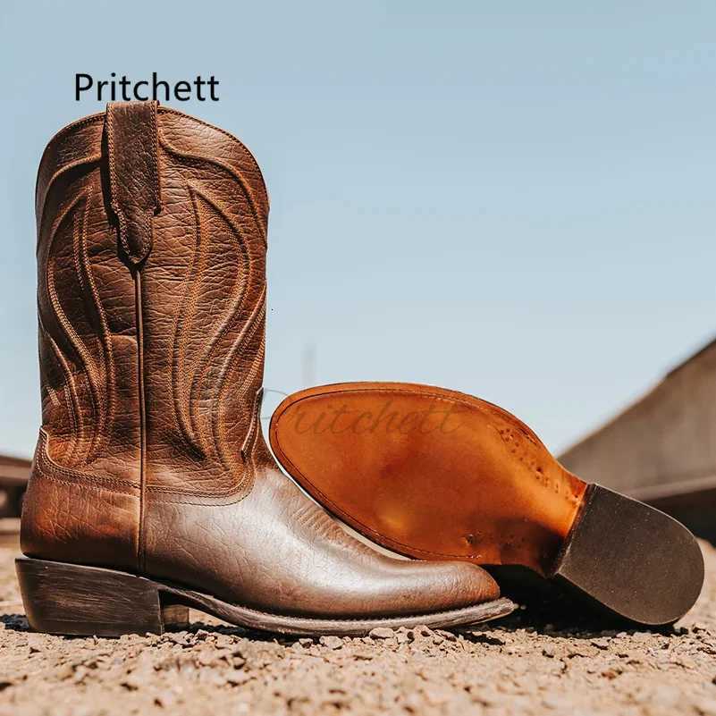 Totem Western Cowboy Boots for Men Vintage MidCalf Boots Pointed Toes Classical Mens Shoes Genuine Leather Winter Booties W250919