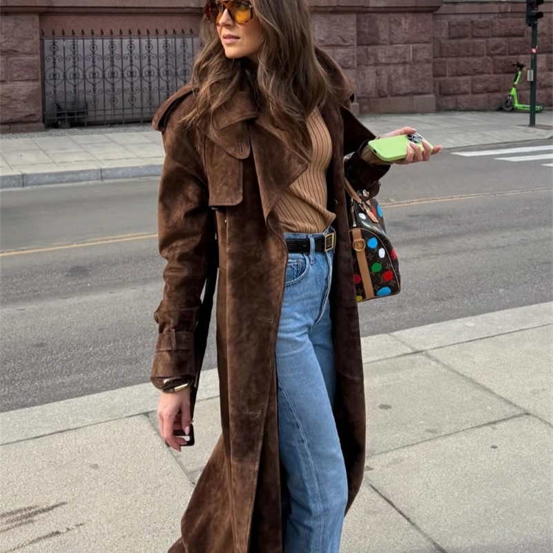 Brown Long Suede Overcoat Women Fashion Solid Chic Lapel Single Breasted Loose Outerwear Lady Autumn Daily Highstreet Jacket 250918